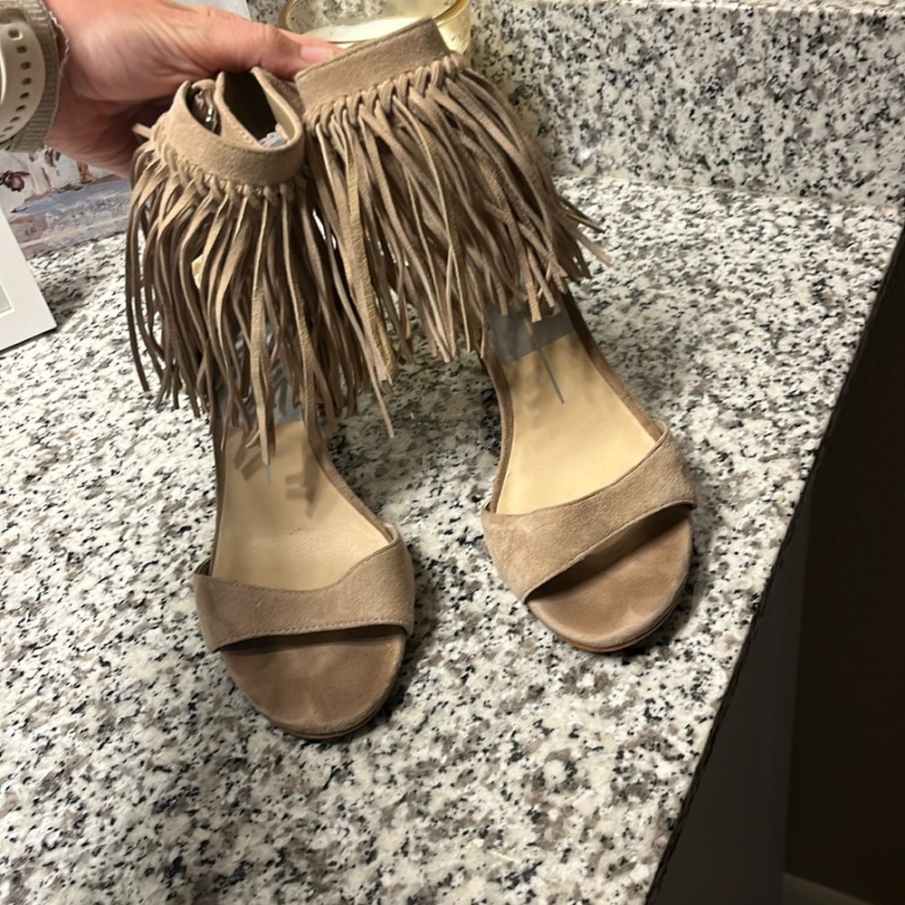 Dolce Vita tan fringe ankle strap heels
